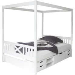 TiCAA Himmelbett Lino Weiß Mit 4 Funktionsschubladen