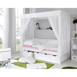 TiCAA Himmelbett Stern Weiß-rosa Mit 5 Schubkästen