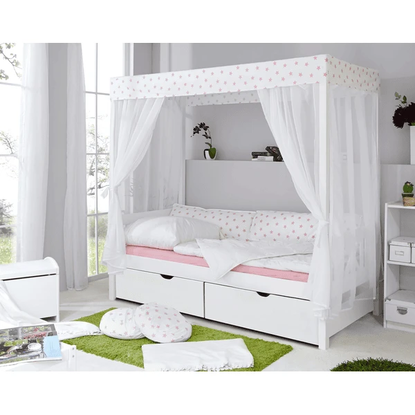 TiCAA Himmelbett Weiß-Rosa Mit 2 Schubladen 1 TiCAA Himmelbett Weiß-Rosa Mit 2 Schubladen