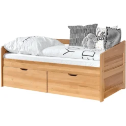 TiCAA Sofabett Mini Micki Buche Natur Mit 2 Schubladen Inkl. Matratze